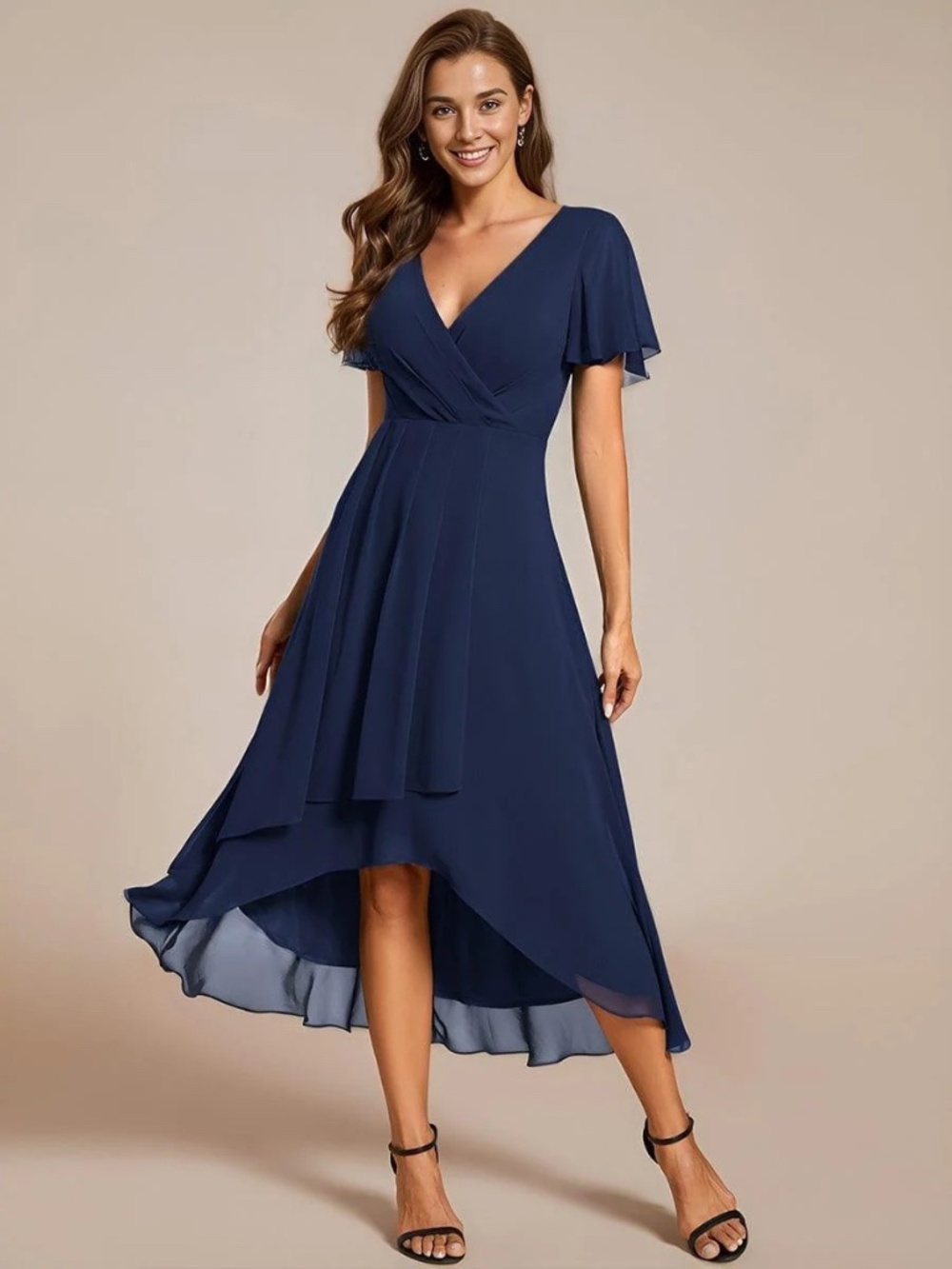 Navy Pleated Chiffon Midi Dress (Size 12)